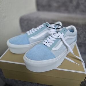 Vans Women's Light Blue and White Sneakers